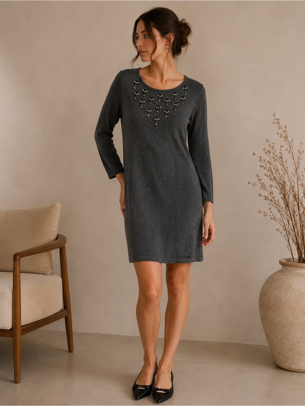 Ann Taylor Charcoal Gray Embellished Long-Sleeve Wool Blend  Sweater Dress Sz L